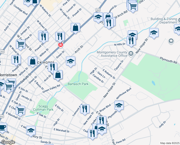 map of restaurants, bars, coffee shops, grocery stores, and more near 1605 High St in Norristown