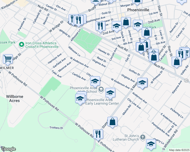 map of restaurants, bars, coffee shops, grocery stores, and more near 407 City Line Avenue in Phoenixville