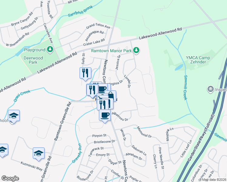 map of restaurants, bars, coffee shops, grocery stores, and more near 5 Desiree Court in Howell Township