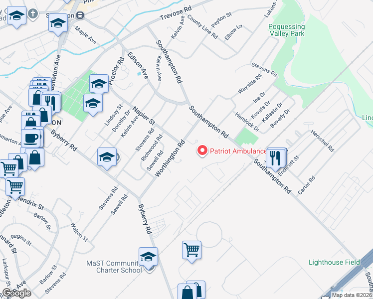 map of restaurants, bars, coffee shops, grocery stores, and more near 13111 Worthington Road in Philadelphia