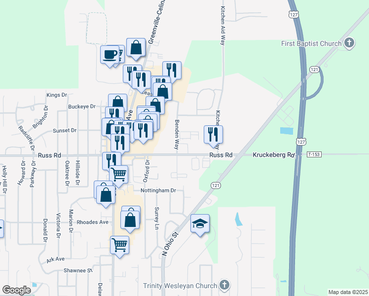 map of restaurants, bars, coffee shops, grocery stores, and more near 1200 Russ Road in Greenville