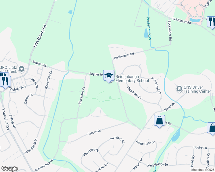 map of restaurants, bars, coffee shops, grocery stores, and more near 1001 Buckwalter Road in Lititz