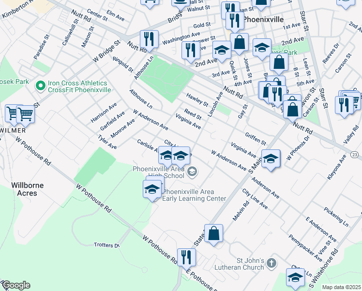 map of restaurants, bars, coffee shops, grocery stores, and more near 407 City Line Avenue in Phoenixville