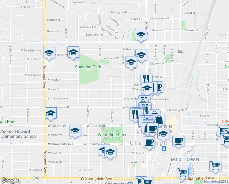map of restaurants, bars, coffee shops, grocery stores, and more near 309 West Vine Street in Champaign