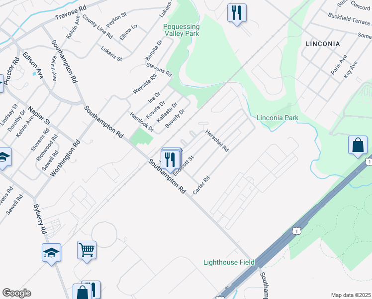 map of restaurants, bars, coffee shops, grocery stores, and more near 15055 London Road in Philadelphia