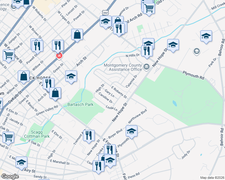 map of restaurants, bars, coffee shops, grocery stores, and more near 620 East Roberts Street in Norristown