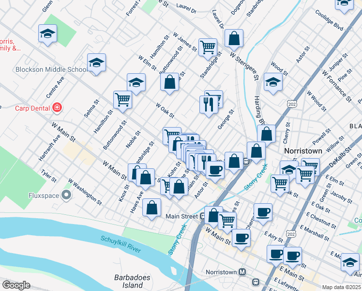 map of restaurants, bars, coffee shops, grocery stores, and more near 614 Haws Ave in Norristown