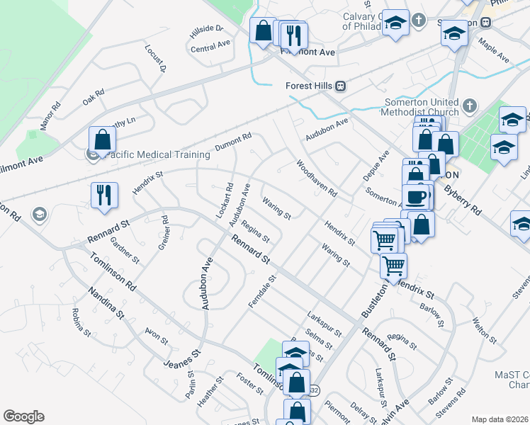 map of restaurants, bars, coffee shops, grocery stores, and more near 419 Densmore Road in Philadelphia