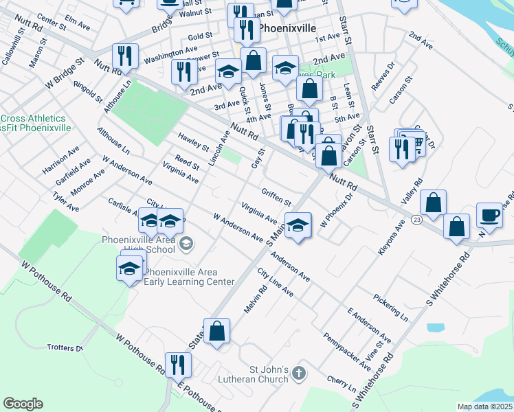 map of restaurants, bars, coffee shops, grocery stores, and more near 233 Virginia Avenue in Phoenixville