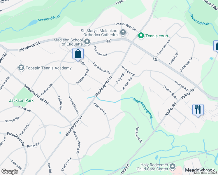 map of restaurants, bars, coffee shops, grocery stores, and more near 1234 Herbert Road in Meadowbrook