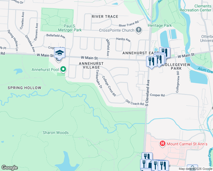 map of restaurants, bars, coffee shops, grocery stores, and more near 647 College Crest Road in Westerville