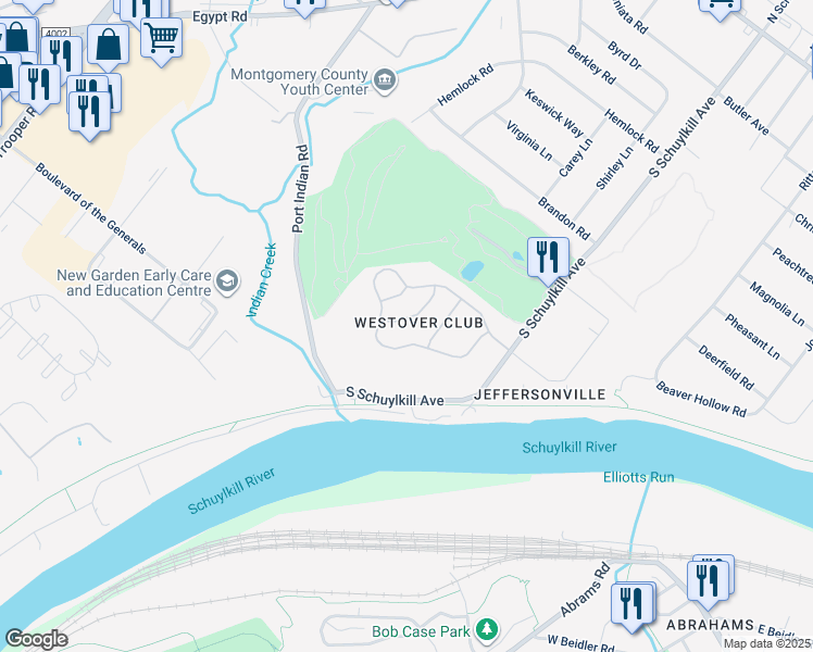map of restaurants, bars, coffee shops, grocery stores, and more near 550 Canterbury Road in Norristown
