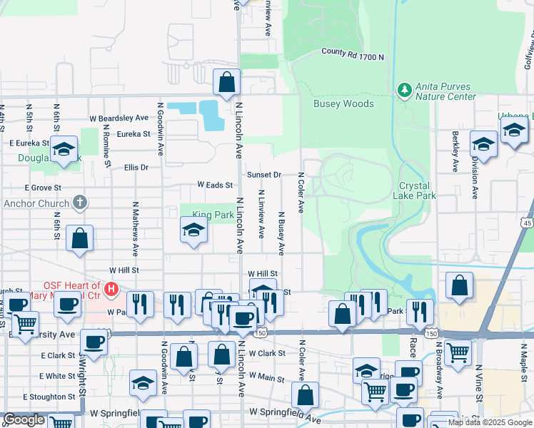map of restaurants, bars, coffee shops, grocery stores, and more near 918 North Linview Avenue in Urbana