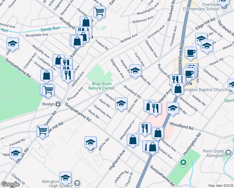 map of restaurants, bars, coffee shops, grocery stores, and more near 2126 Benezet Road in Abington