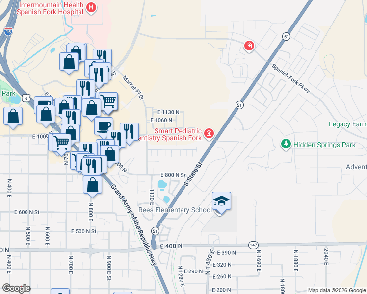 map of restaurants, bars, coffee shops, grocery stores, and more near 1273 Expressway Lane in Spanish Fork