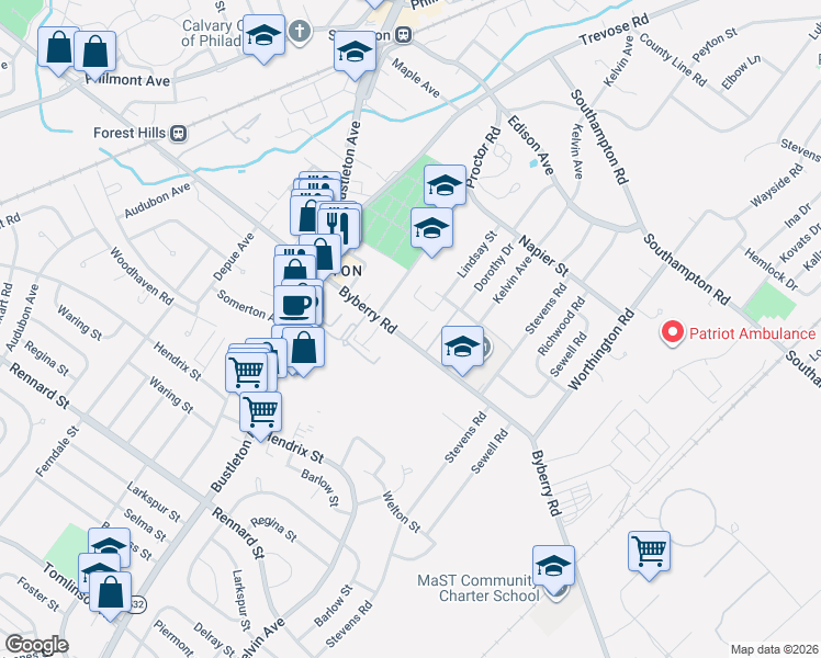 map of restaurants, bars, coffee shops, grocery stores, and more near 751 Byberry Road in Philadelphia