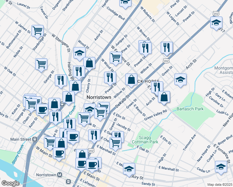 map of restaurants, bars, coffee shops, grocery stores, and more near 1103 Willow Street in Norristown