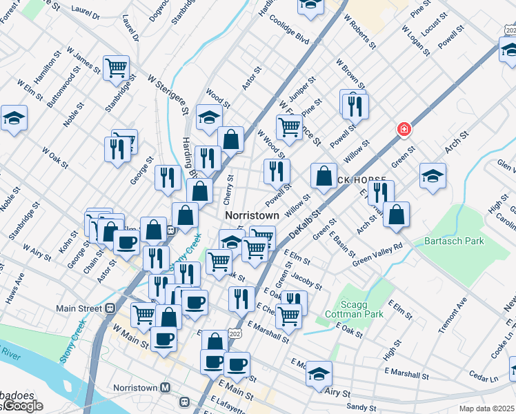 map of restaurants, bars, coffee shops, grocery stores, and more near 1047 Powell St in Norristown