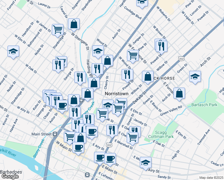 map of restaurants, bars, coffee shops, grocery stores, and more near 1031 Swede Street in Norristown