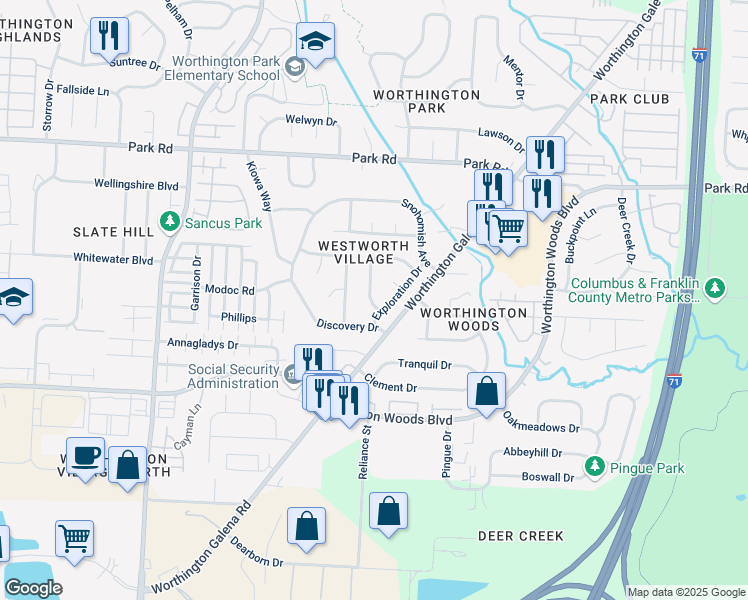 map of restaurants, bars, coffee shops, grocery stores, and more near 7630 Yosemite Drive in Worthington