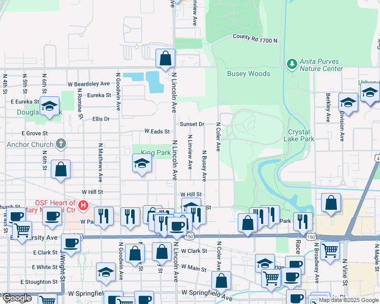 map of restaurants, bars, coffee shops, grocery stores, and more near 918 North Linview Avenue in Urbana