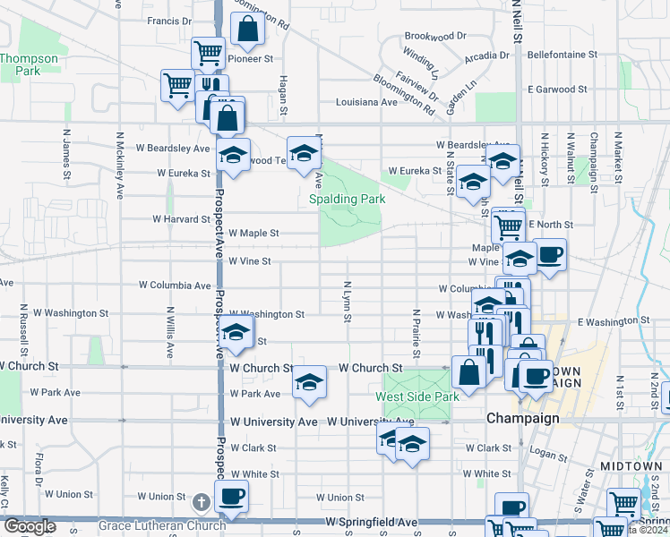 map of restaurants, bars, coffee shops, grocery stores, and more near 605 1/2 West Vine Street in Champaign
