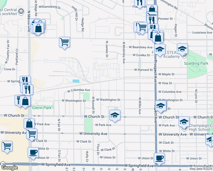 map of restaurants, bars, coffee shops, grocery stores, and more near 608 North Edwin Street in Champaign