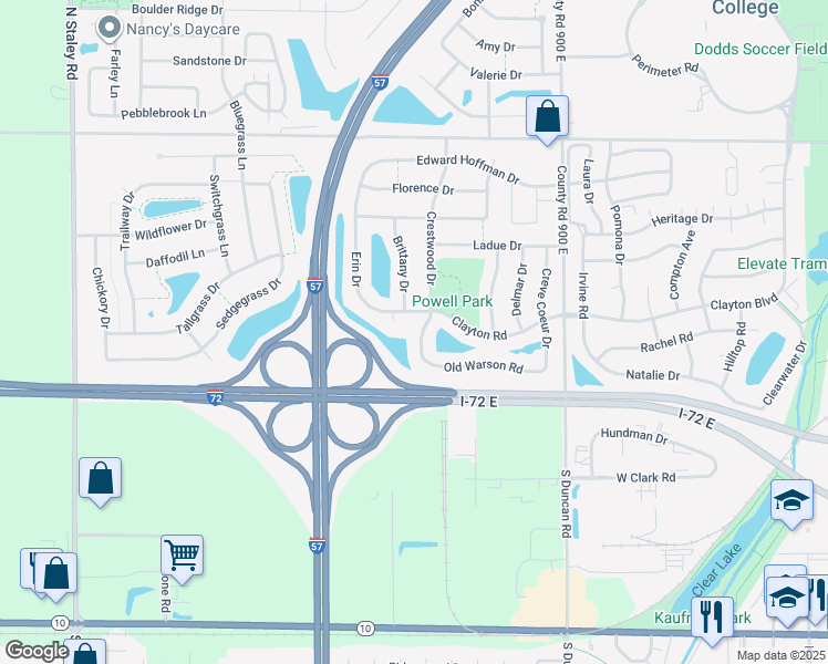 map of restaurants, bars, coffee shops, grocery stores, and more near 3405 Clayton Road in Champaign