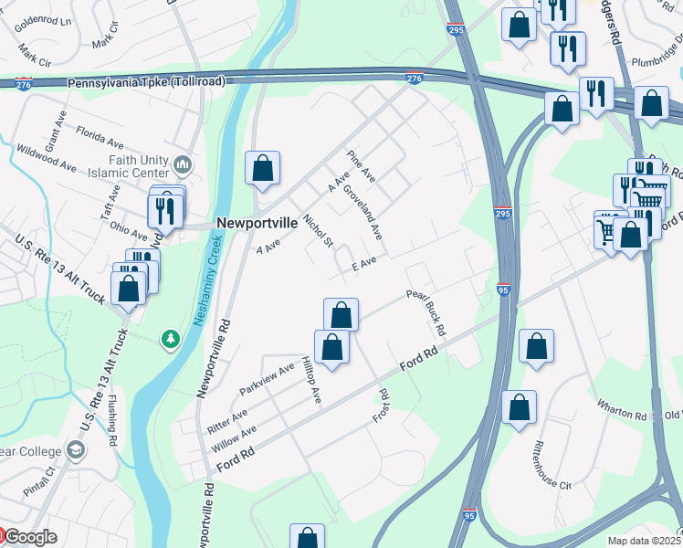 map of restaurants, bars, coffee shops, grocery stores, and more near 3803 Nichol Street in Levittown