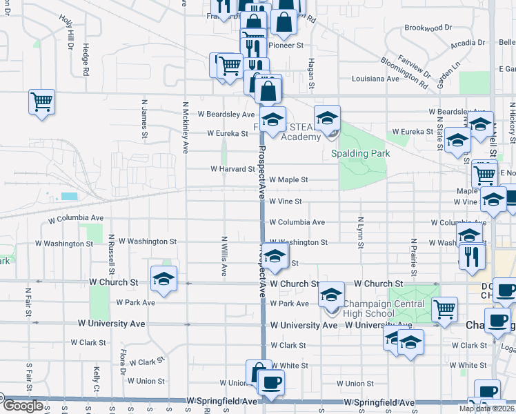map of restaurants, bars, coffee shops, grocery stores, and more near 905 West Vine Street in Champaign