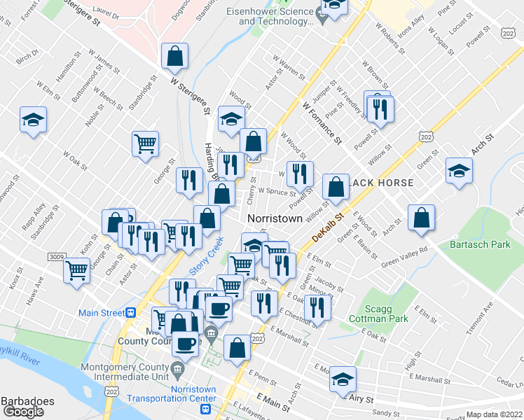 map of restaurants, bars, coffee shops, grocery stores, and more near 1031 Swede Street in Norristown