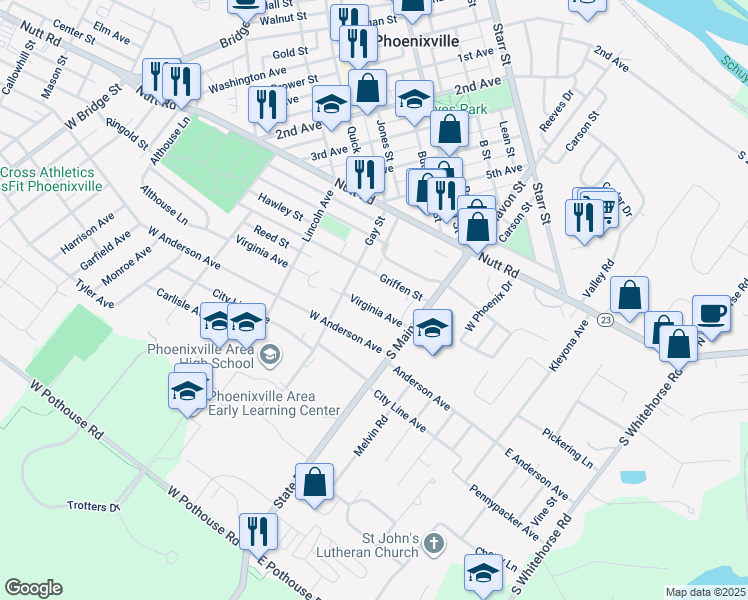 map of restaurants, bars, coffee shops, grocery stores, and more near 233 Virginia Avenue in Phoenixville