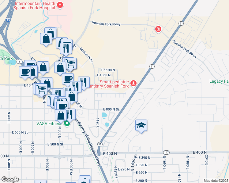 map of restaurants, bars, coffee shops, grocery stores, and more near 1271 920 North in Spanish Fork