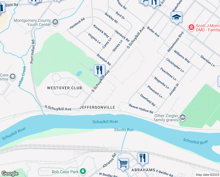 map of restaurants, bars, coffee shops, grocery stores, and more near 18 Westover Club Drive in Norristown