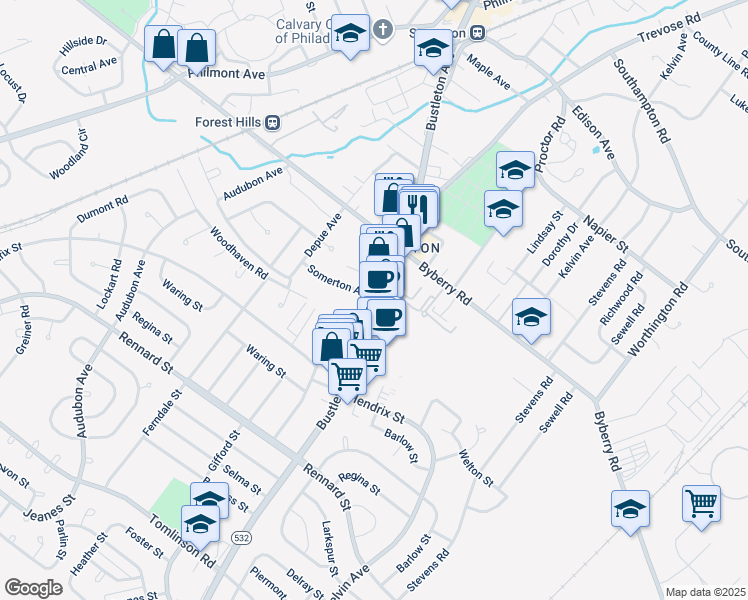 map of restaurants, bars, coffee shops, grocery stores, and more near 11900 Bustleton Avenue in Philadelphia