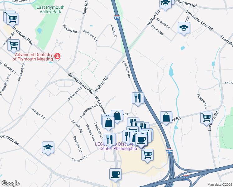 map of restaurants, bars, coffee shops, grocery stores, and more near 666 West Germantown Pike in Plymouth Meeting