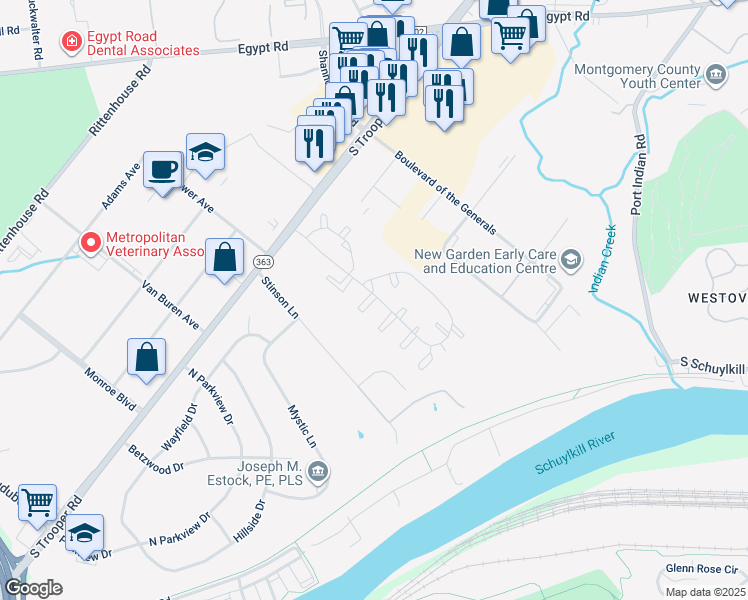 map of restaurants, bars, coffee shops, grocery stores, and more near 1106 Kennedy Court in Norristown