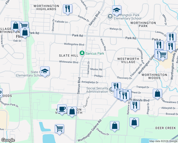 map of restaurants, bars, coffee shops, grocery stores, and more near 7676 Garrison Drive in Columbus