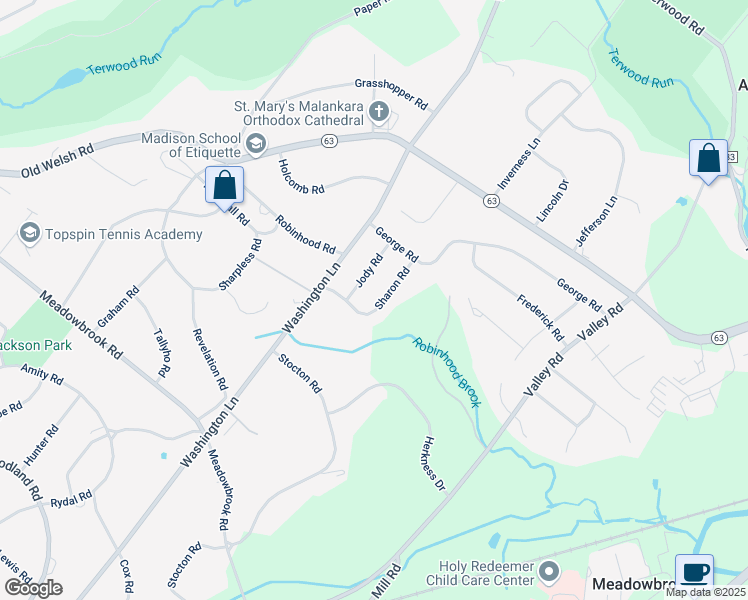 map of restaurants, bars, coffee shops, grocery stores, and more near 1816 Sharon Road in Meadowbrook
