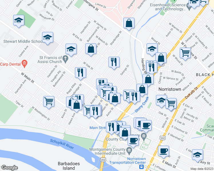 map of restaurants, bars, coffee shops, grocery stores, and more near 654 Kohn Street in Norristown