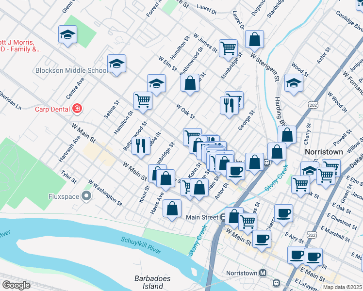 map of restaurants, bars, coffee shops, grocery stores, and more near 822 West Marshall Street in Norristown