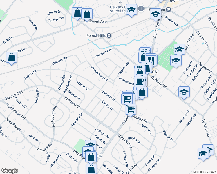 map of restaurants, bars, coffee shops, grocery stores, and more near 476 Depue Place in Philadelphia