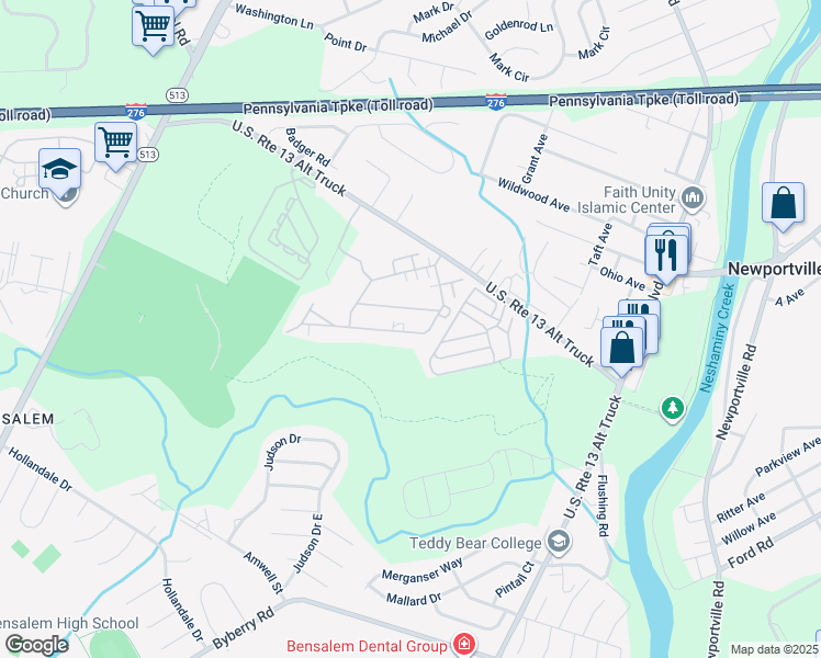 map of restaurants, bars, coffee shops, grocery stores, and more near 1446 Gibson Road in Bucks County