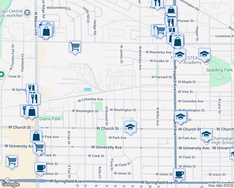 map of restaurants, bars, coffee shops, grocery stores, and more near 608 North Edwin Street in Champaign