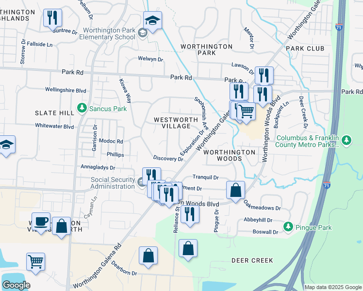 map of restaurants, bars, coffee shops, grocery stores, and more near 7630 Yosemite Drive in Worthington