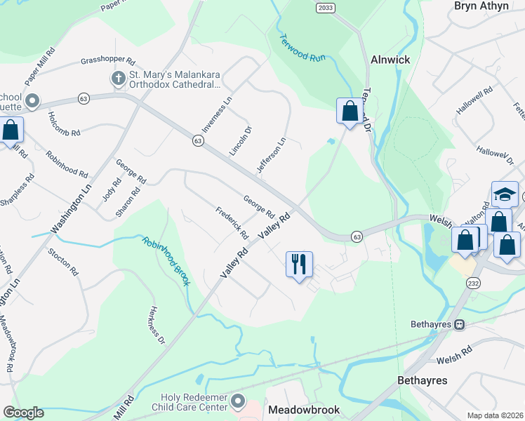 map of restaurants, bars, coffee shops, grocery stores, and more near 1016 George Road in Jenkintown