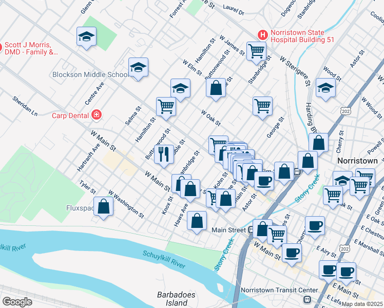 map of restaurants, bars, coffee shops, grocery stores, and more near 565 Stanbridge Street in Norristown