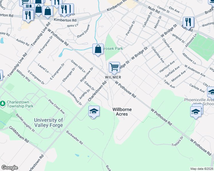 map of restaurants, bars, coffee shops, grocery stores, and more near 66 Ashwood Lane in Phoenixville