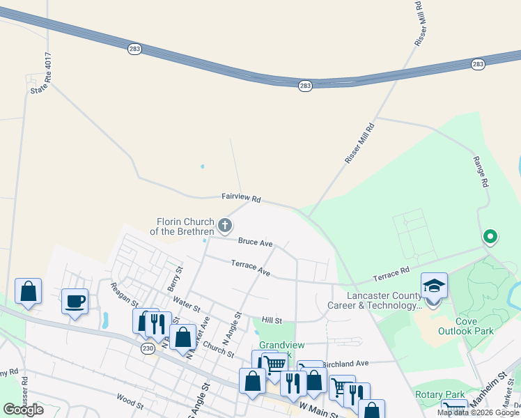 map of restaurants, bars, coffee shops, grocery stores, and more near 794 Fairview Road in Mount Joy