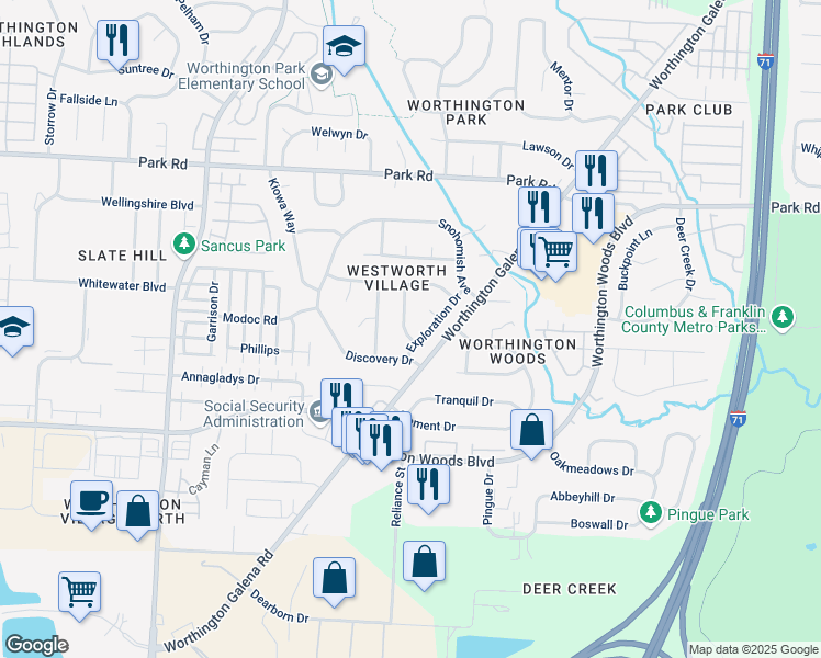 map of restaurants, bars, coffee shops, grocery stores, and more near 7630 Yosemite Drive in Worthington